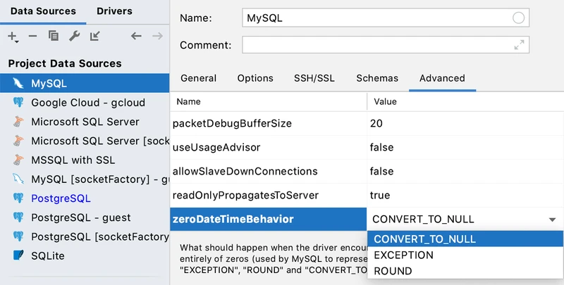Changing the ZeroDateTimeBehavior option Changing the ZeroDateTimeBehavior option