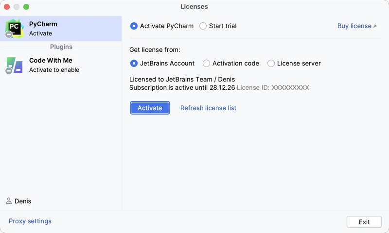 使用 JetBrains 帐户激活 PyCharm 许可证