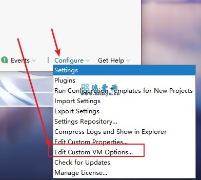 等待界面点击菜单栏中的 “Configure” -> “Edit Custom VM Options