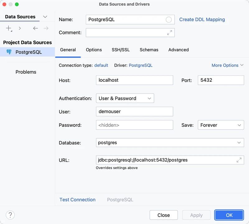 Data source with connection details for a PostgreSQL database