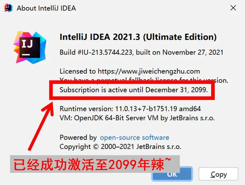 IDEA 2021.3 成功激活至2099年截图2