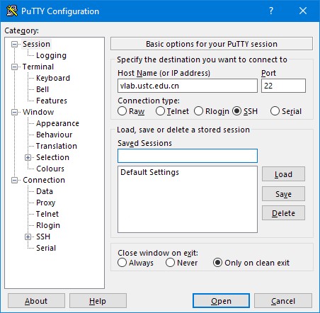 PuTTY configuration